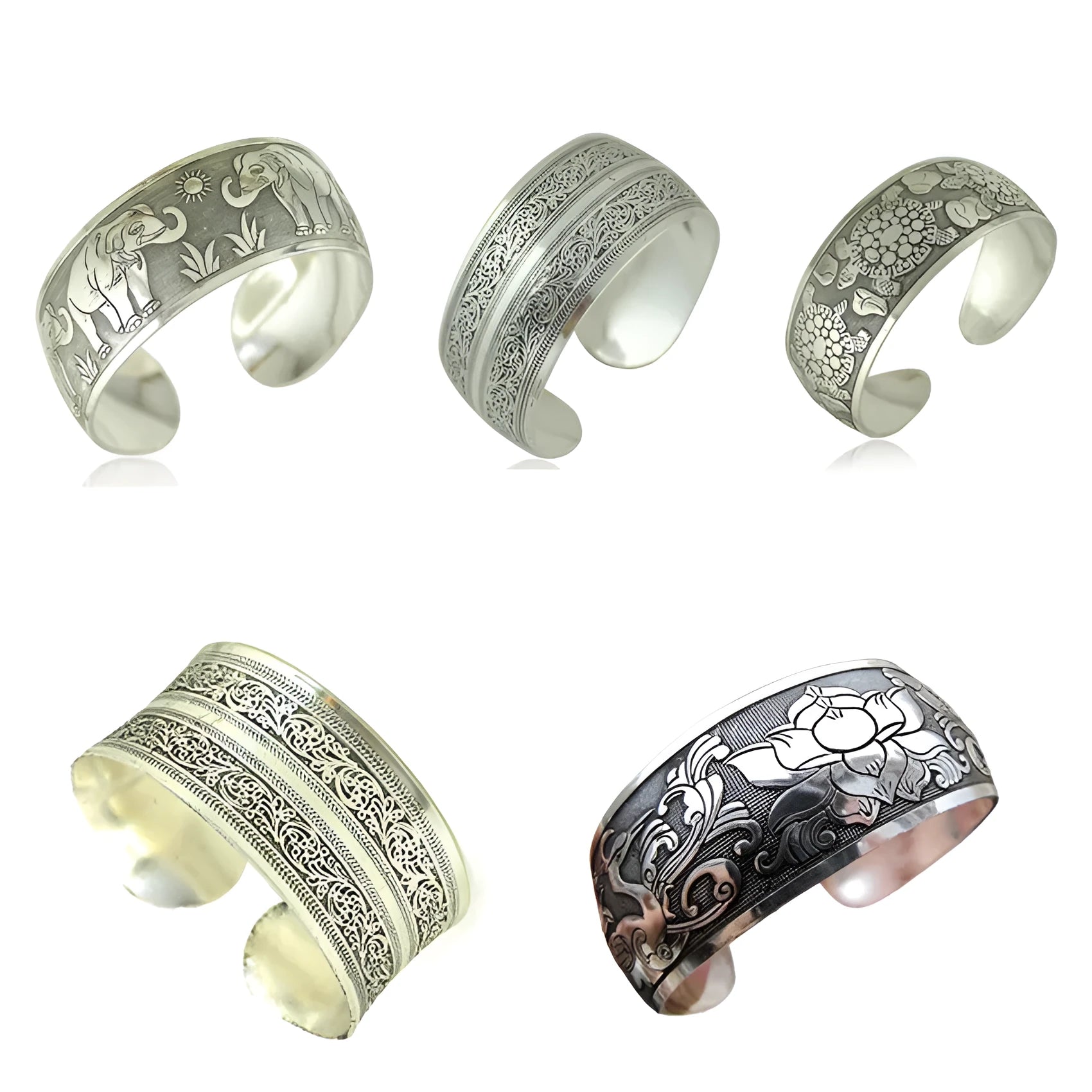 Silver Miao ethnic carved openwork Roman bracelet with elephant motif on alloy material