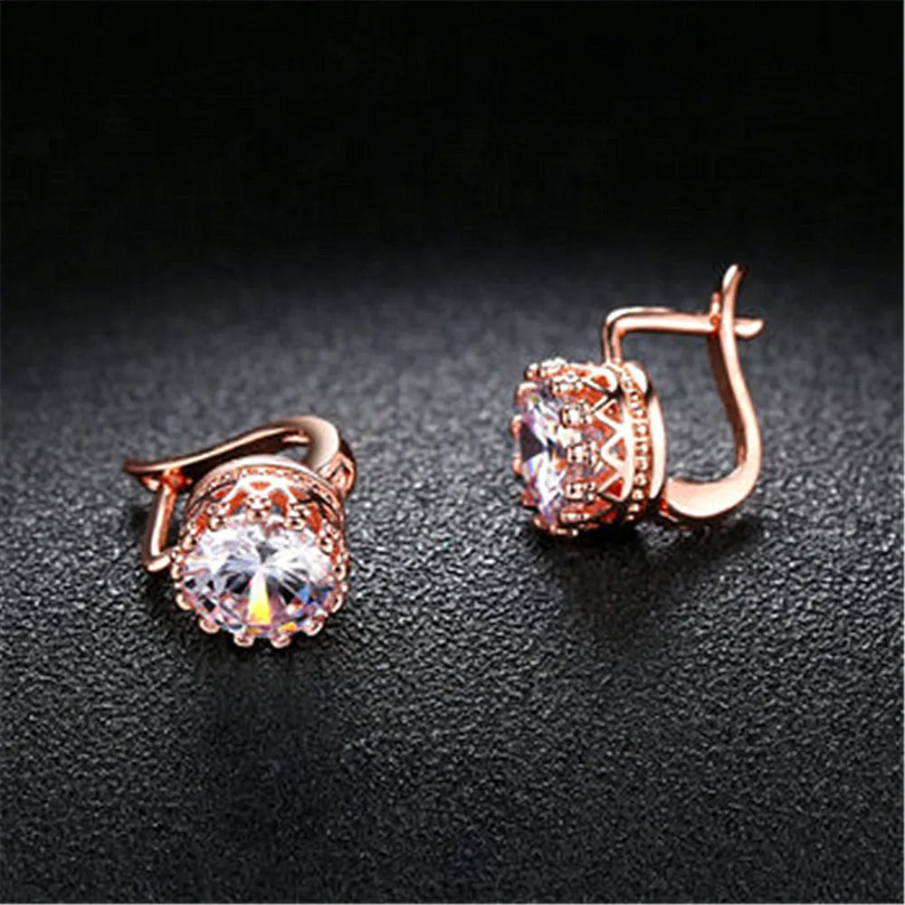 Korean retro crown ear clip earrings in copper with diamond stones, available in rose gold and white gold colour finishes