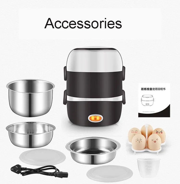 White electric lunch box with USB port showing 190mm dimensions and dual capacity options
