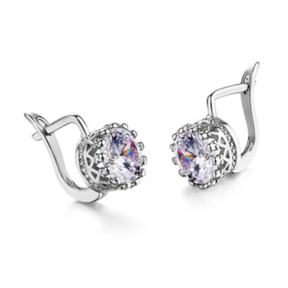 Korean retro crown ear clip earrings in copper with diamond stones, available in rose gold and white gold colour finishes