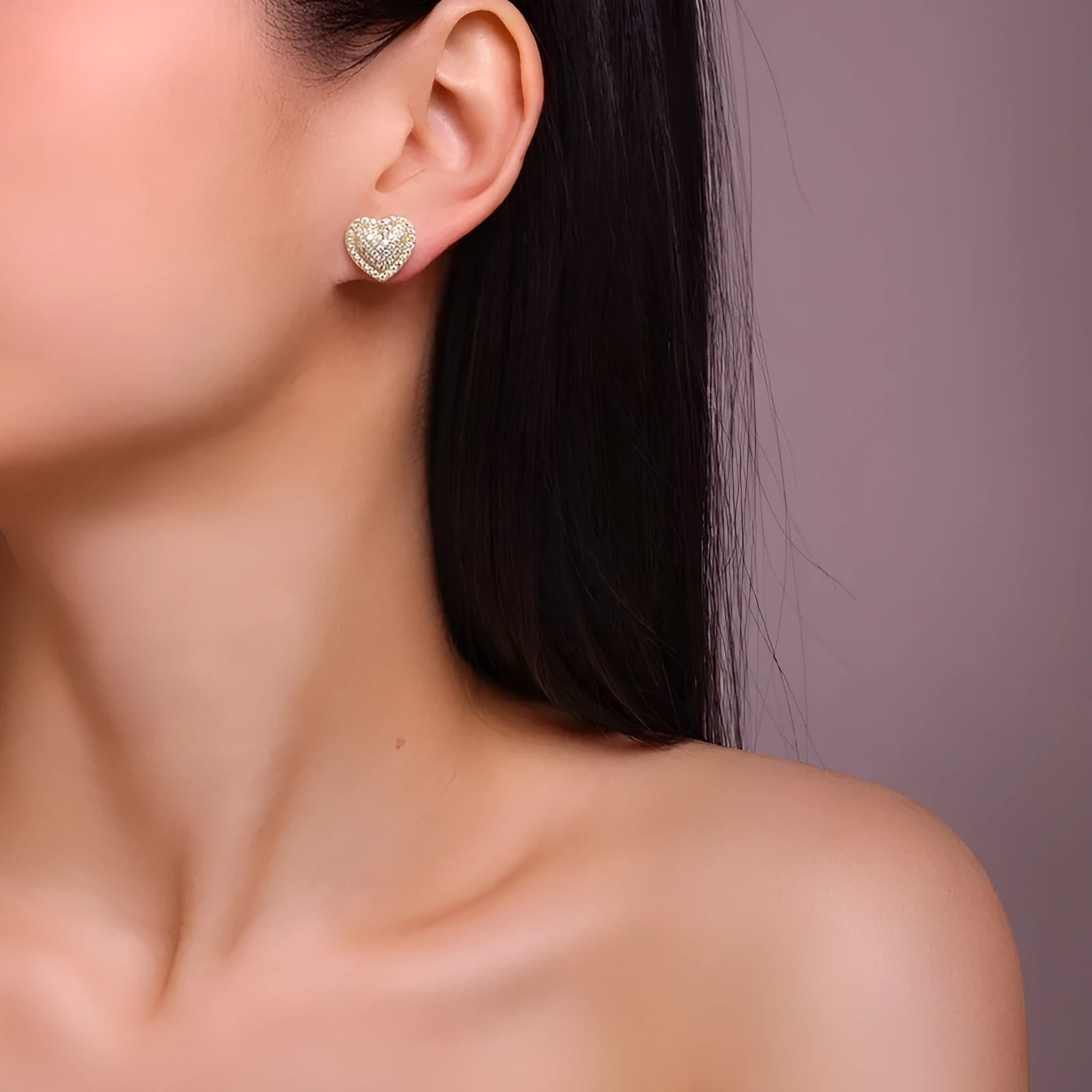Golden heart-shaped stud earrings with moissanite centre on S925 silver posts