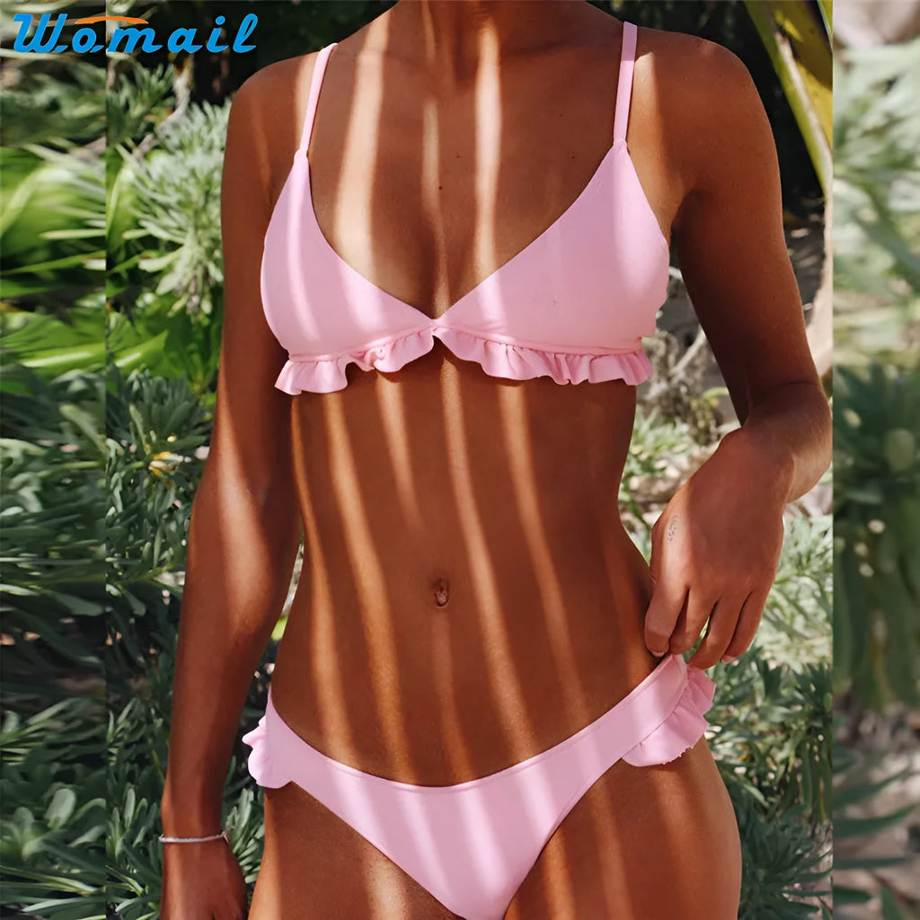 Womail women's push-up padded bra bikini set in white, showing top and bottom on model