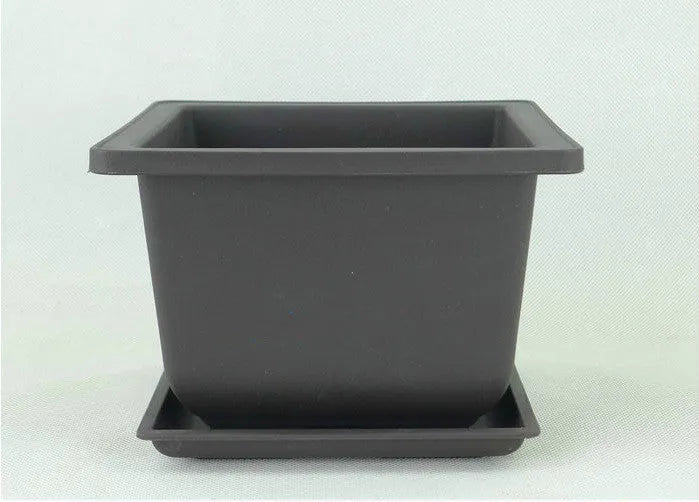 Dark brown antique-style recycled plastic flowerpot showing rectangular and square size options.