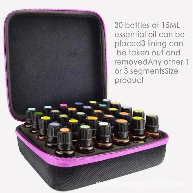Red EVA essential oil storage bag with 30 open compartments for 15ml bottles.