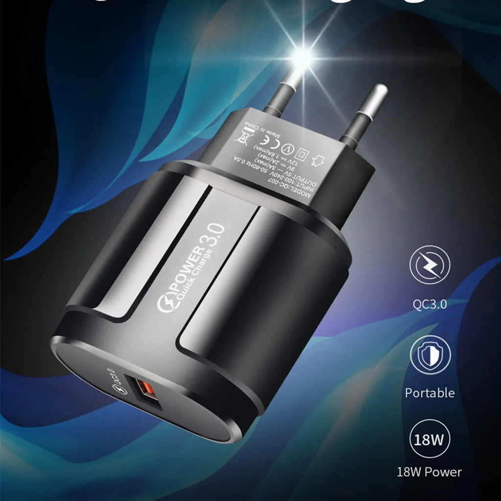 Smart mobile phone charger in black colour with compact 20x40x65mm dimensions showing EU plug style