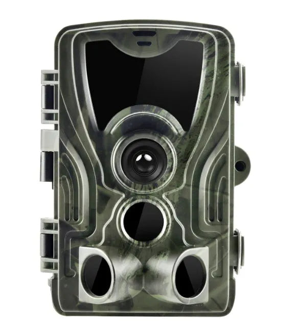 Green cellular trail camera with display screen and infrared LEDs for night vision