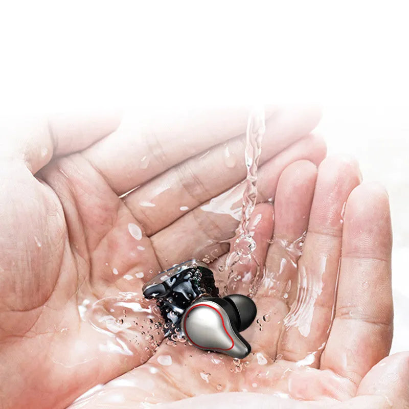 Black and blue wireless Bluetooth in-ear headsets showing earplug design for both ears