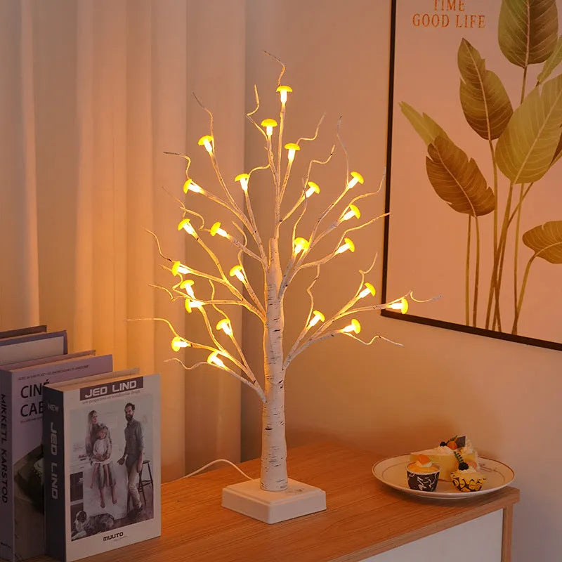 60cm tall plastic Mushroom Tree LED lamp with birch base and 24 small detachable flowers.