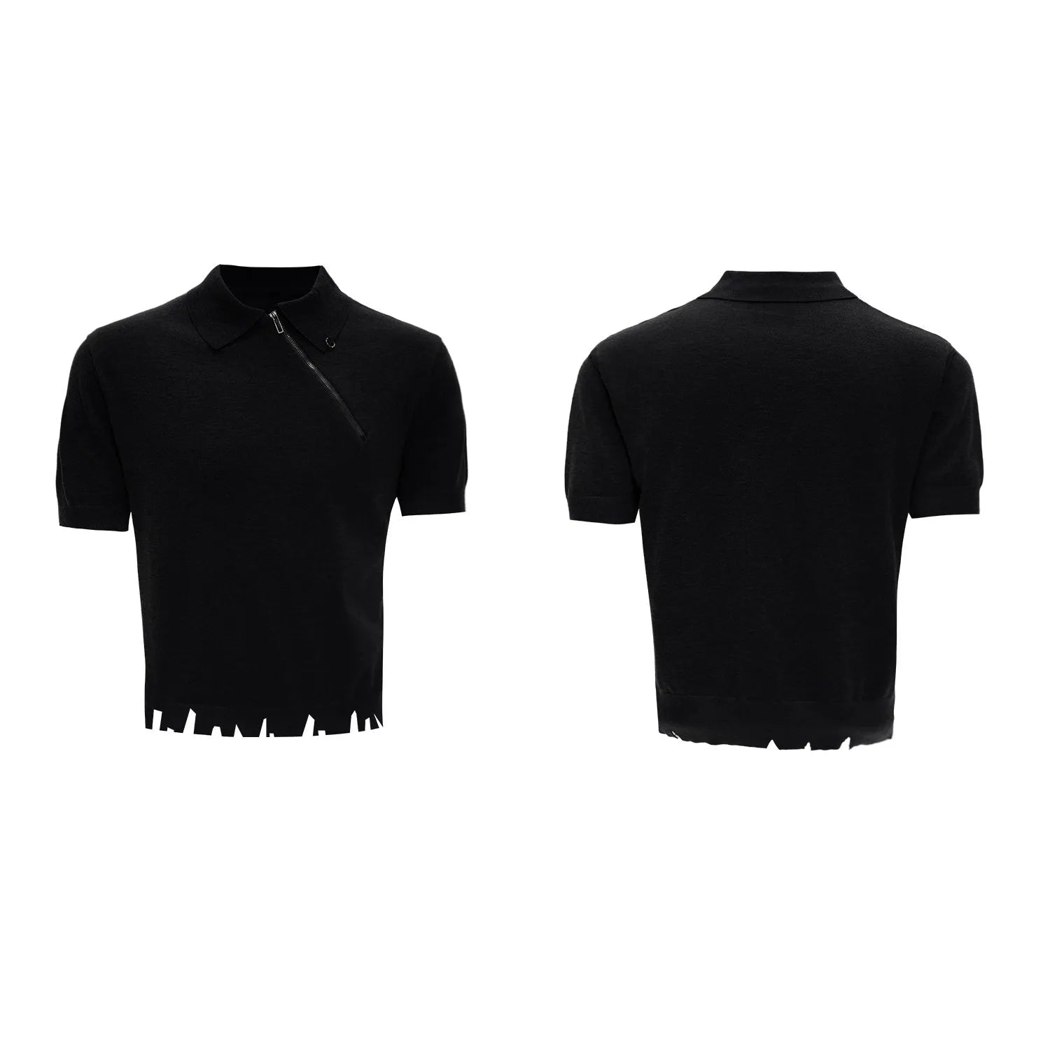 Man wearing a slim-fit black knitted polo shirt with an oblique zip and lapel collar.