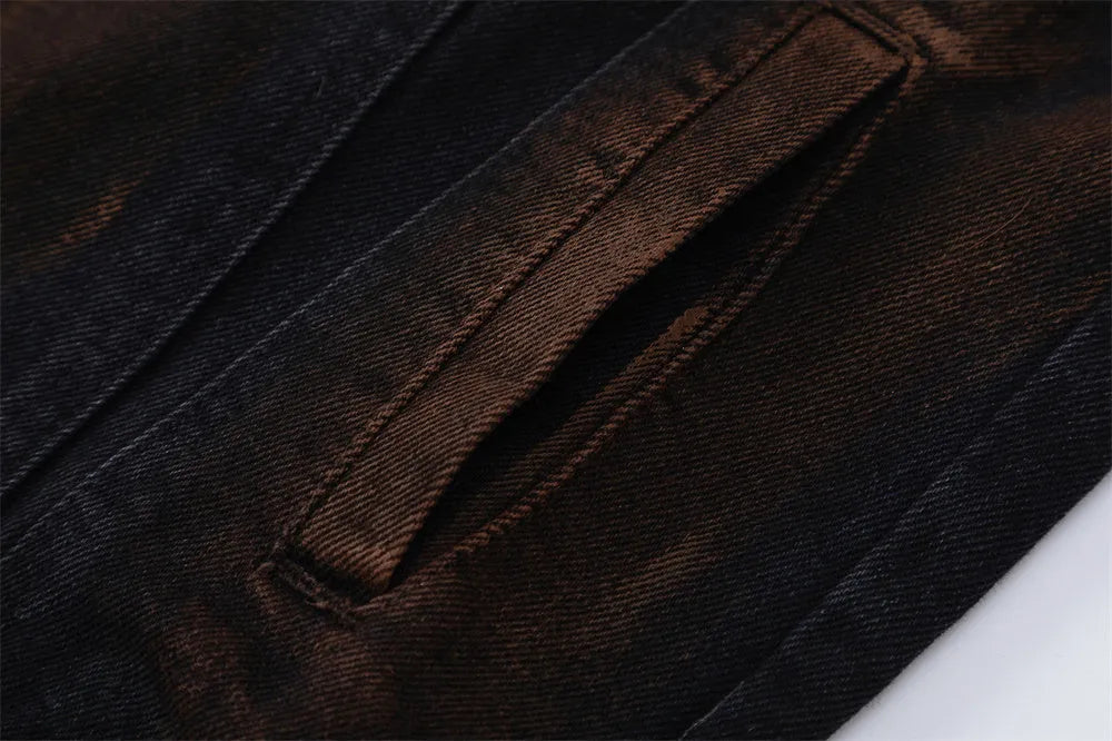 Black men's cotton denim jacket with fashion holes and street style design