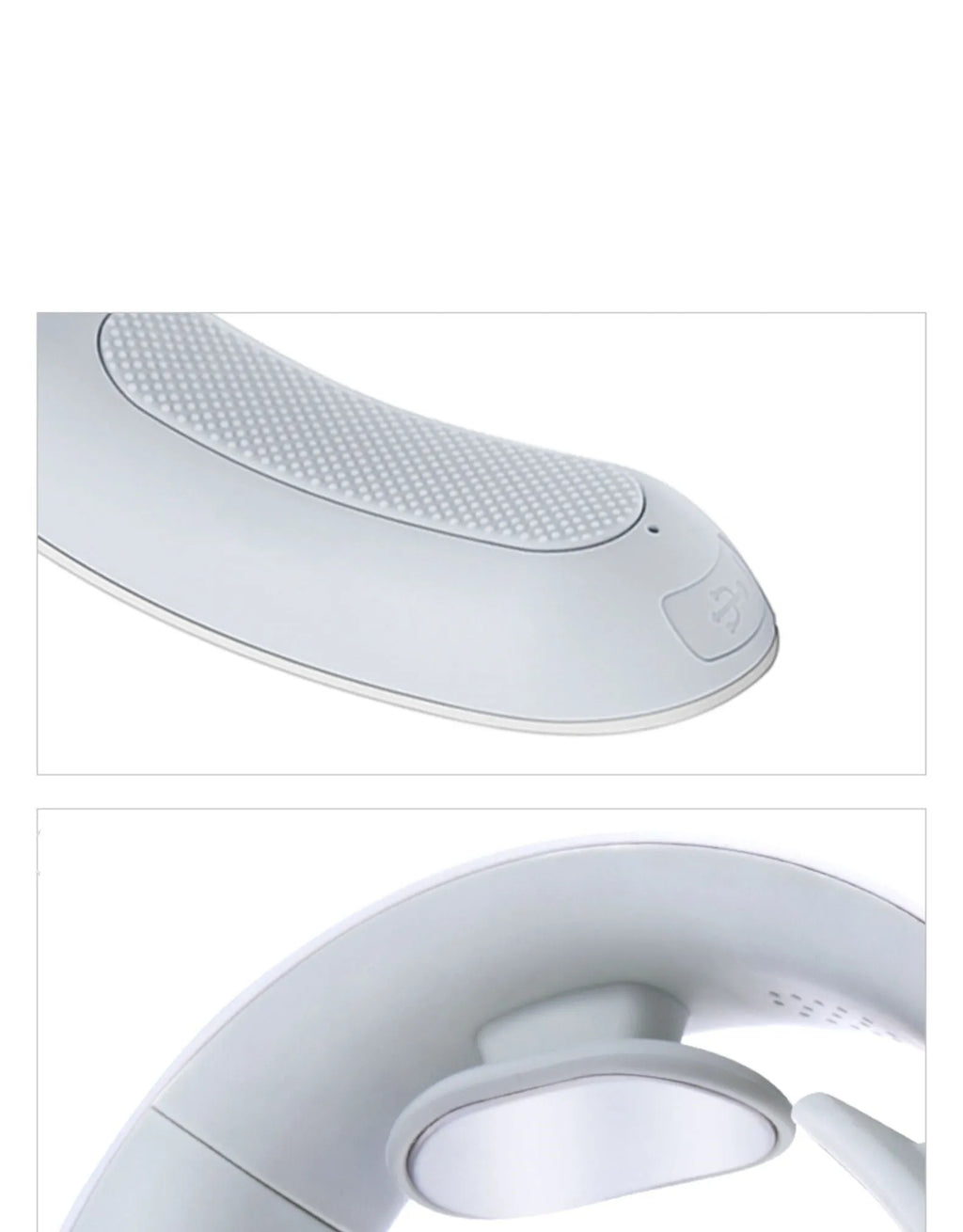 White electric acupressure massager device for back, neck and shoulder pain relief.