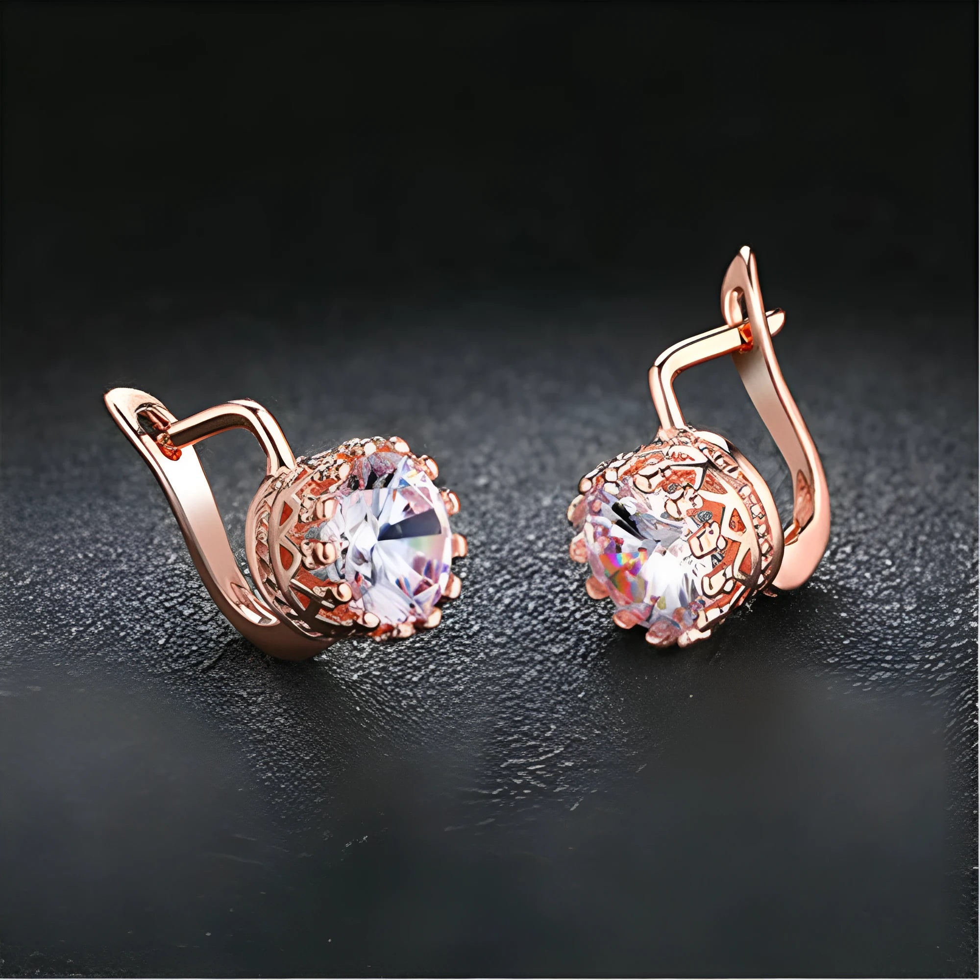 Korean retro crown ear clip earrings in copper with diamond stones, available in rose gold and white gold colour finishes