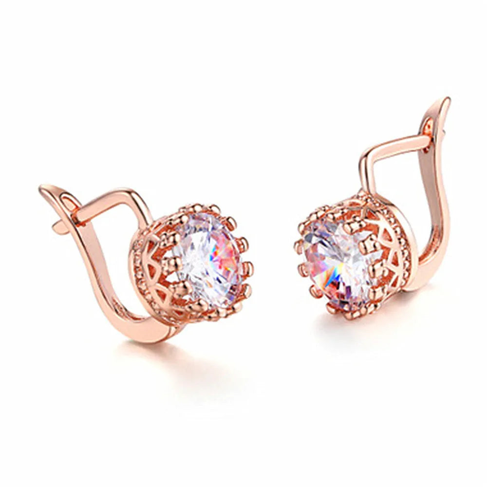 Korean retro crown ear clip earrings in copper with diamond stones, available in rose gold and white gold colour finishes