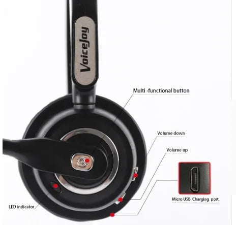 Over-ear Bluetooth headset with microphone for truck drivers and office use, shown with USB charging cable.
