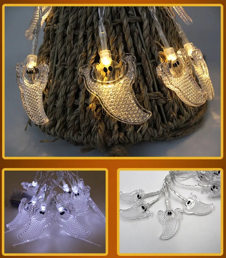 Halloween LED string lights with pumpkin, bat and ghost decorations showing colour changing illumination