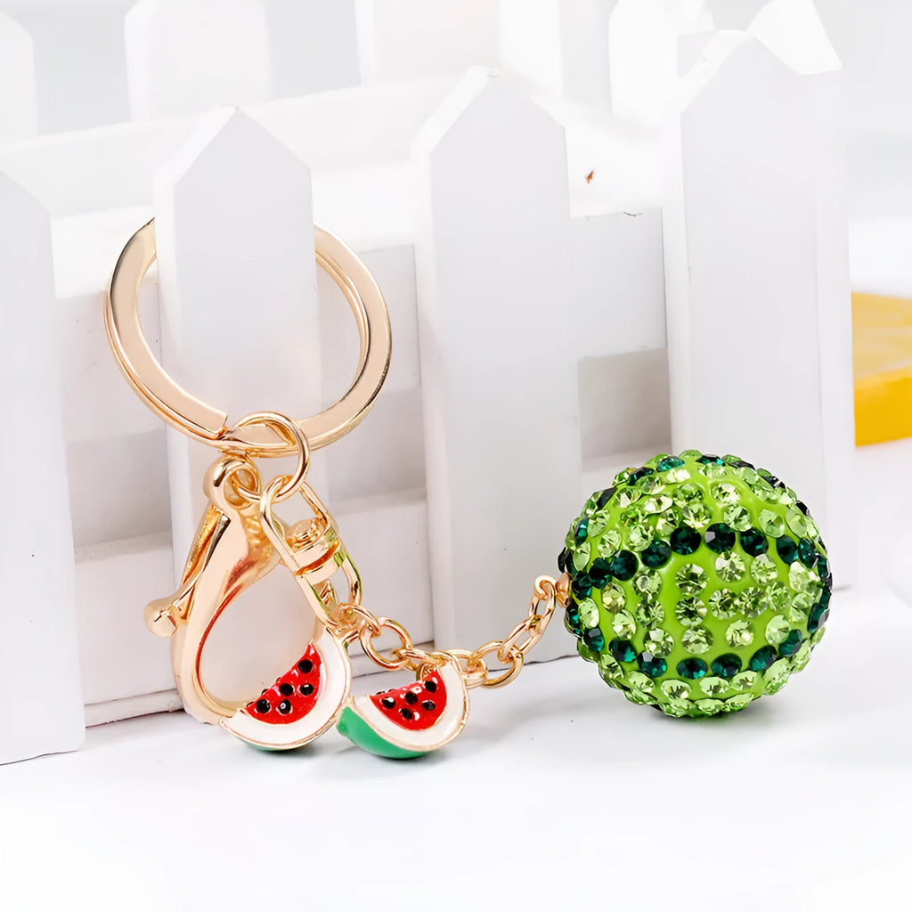 Green watermelon-shaped zinc alloy keychain measuring 12cm with fruit diamond design