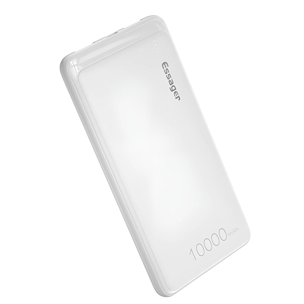 Essager Small Jane black and white 10000mAh portable power bank showing dual USB ports and LED indicators.