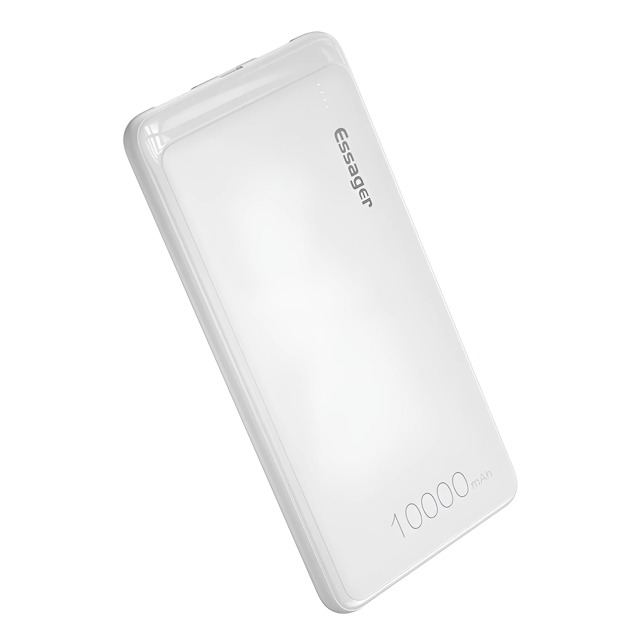 Essager Small Jane black and white 10000mAh portable power bank showing dual USB ports and LED indicators.
