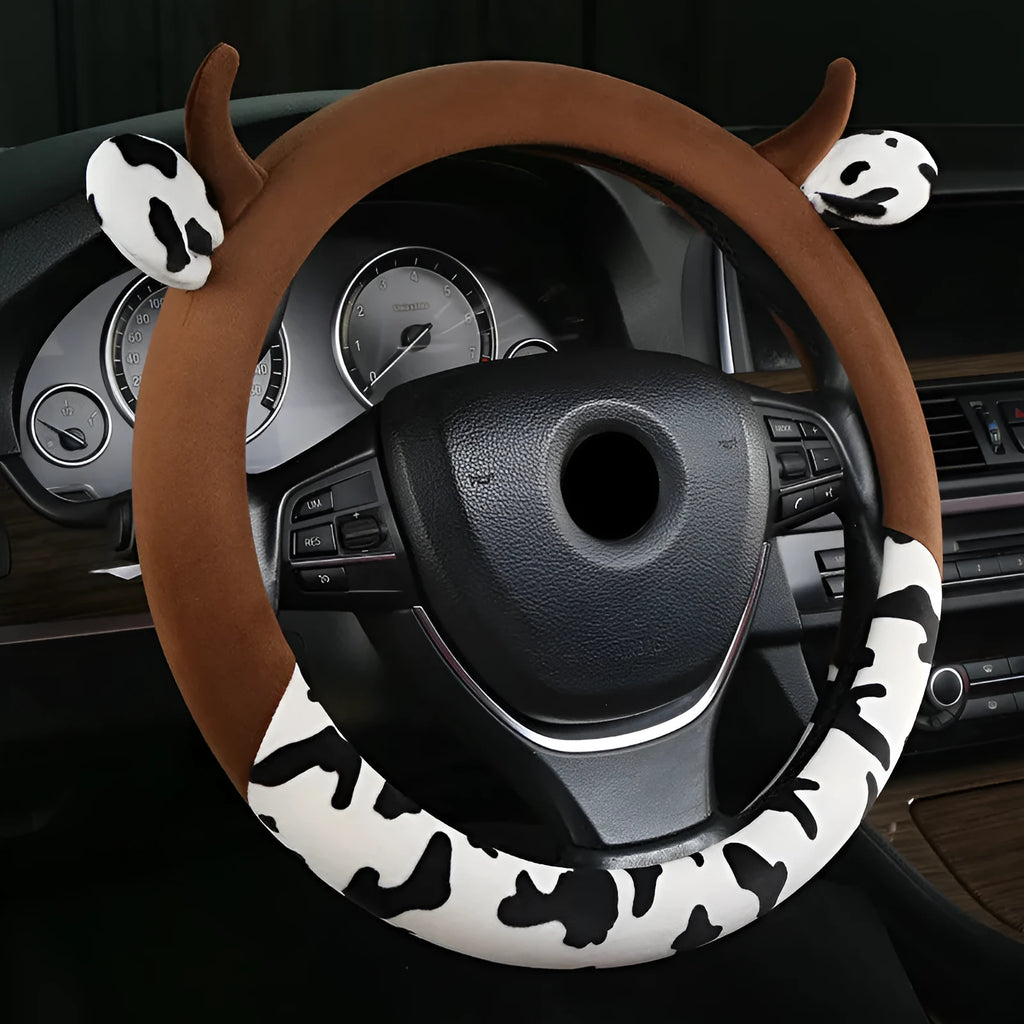 Short plush steering wheel cover with protective handle in black colour