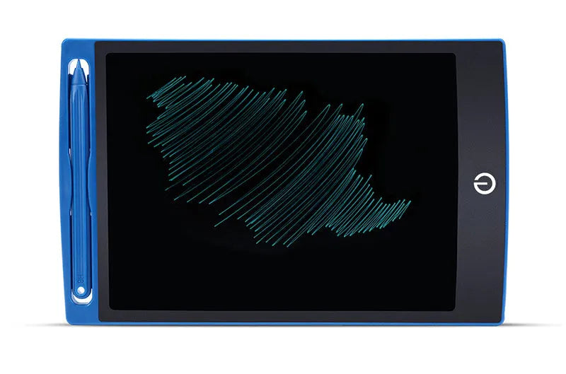 Black LCD writing tablet with ABS frame and blue-green display, 8.5 inch screen, side view showing slim profile