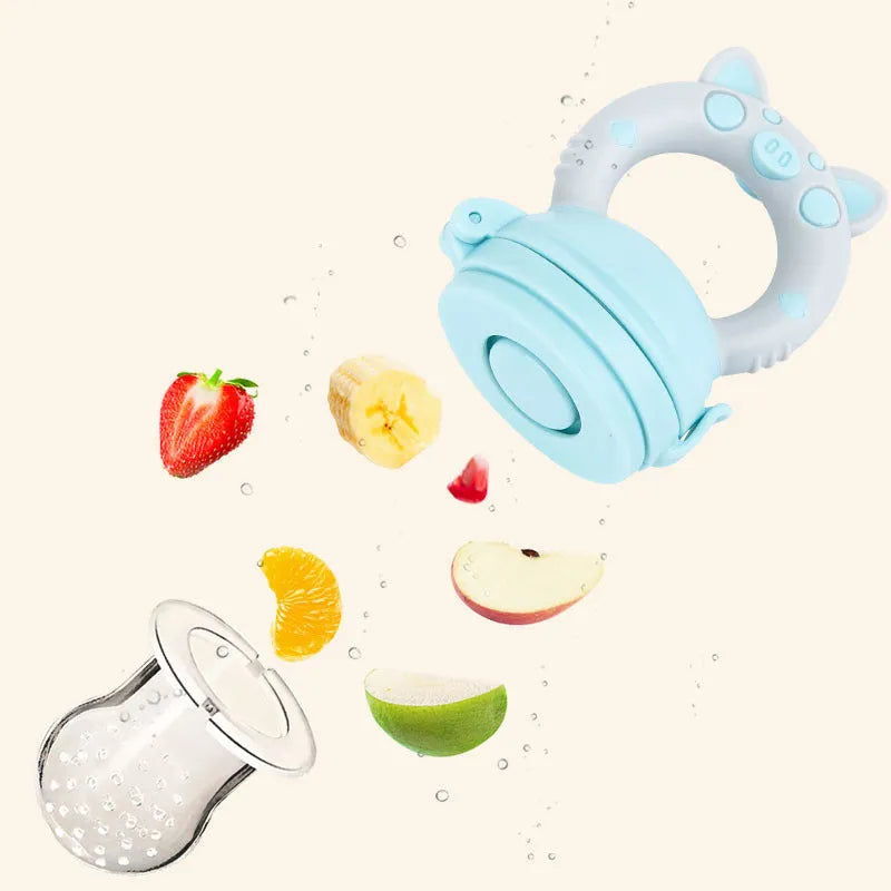 Silicone baby teether chew toy in blue, green, and pink colours showing textured surfaces