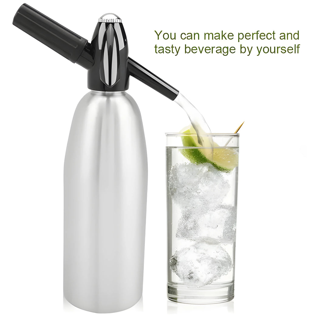 Silver portable 1L aluminium soda maker with pressure regulator and safe cover on table