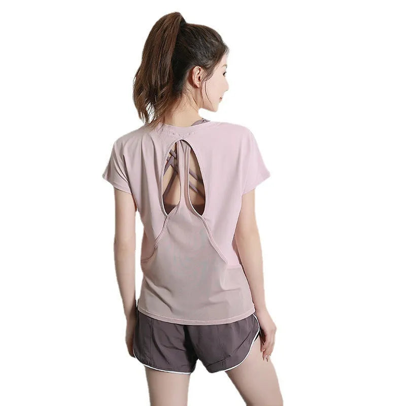 Ladies short sleeve polyester sports t-shirt for yoga and running in grey green colour