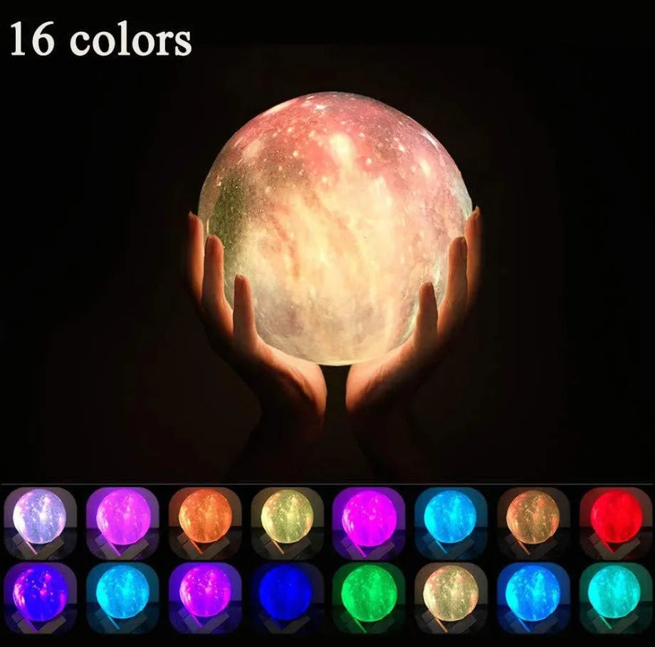 3D-printed spherical lunar night light with colour-changing LED illumination on a dark surface.