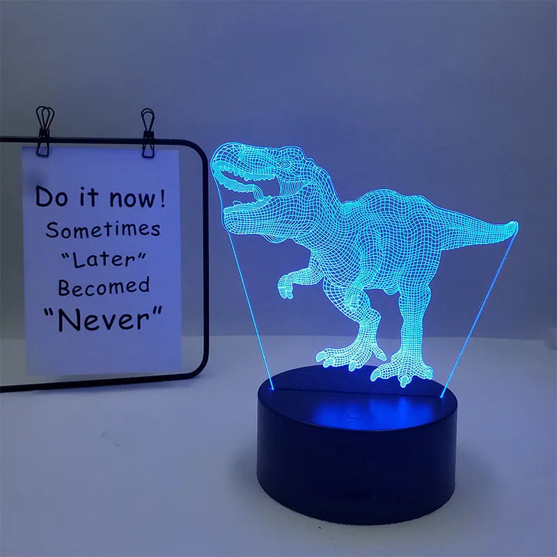 Colourful cartoon dinosaur LED desk lamp with remote control and acrylic lampshade on a black base