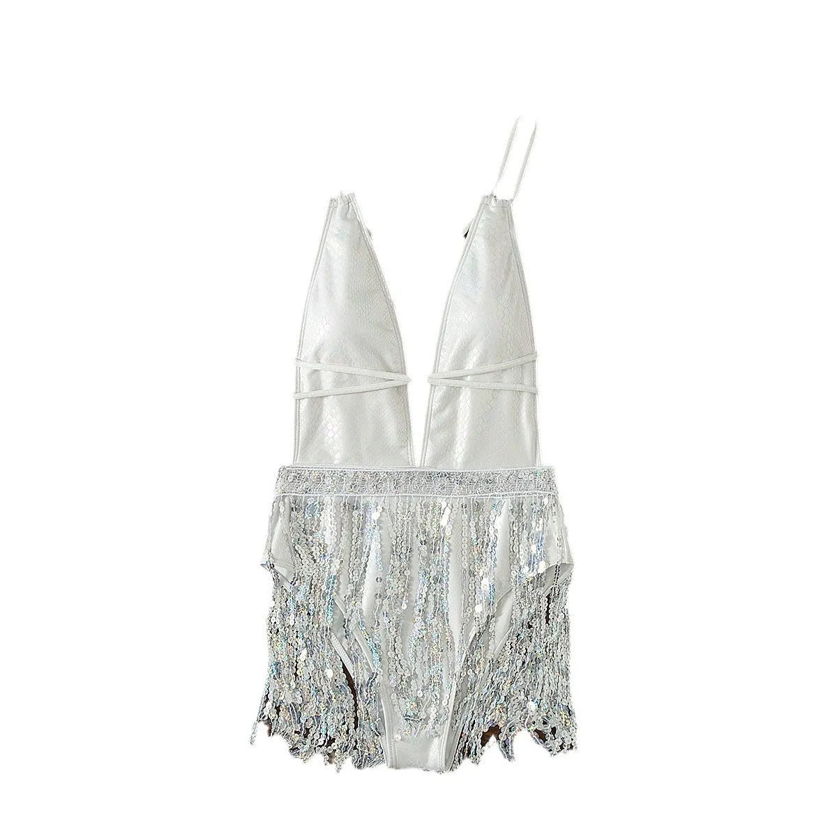 White one-piece swimsuit with deep V-neckline and tassel detail on a brief-cut, sleeveless design.