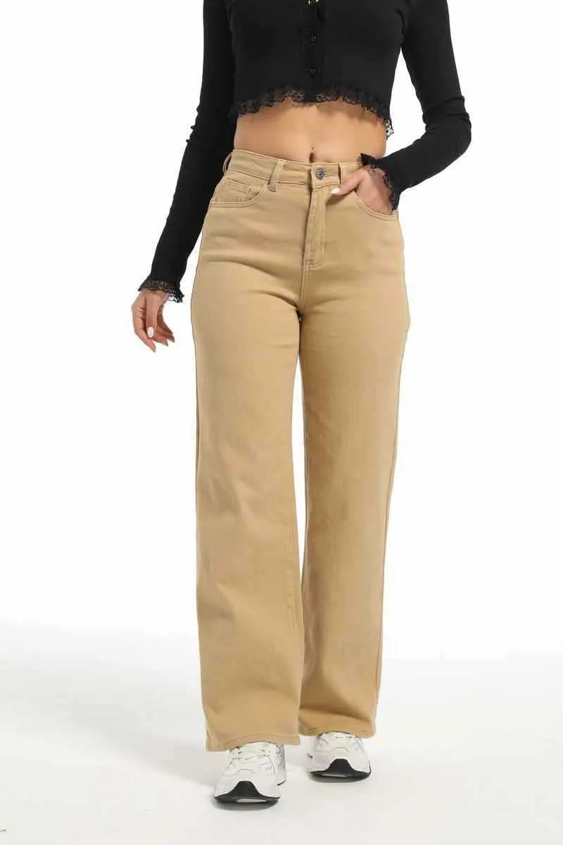 Women's apricot high-waist wide-leg cotton jeans laid flat showing straight leg cut.
