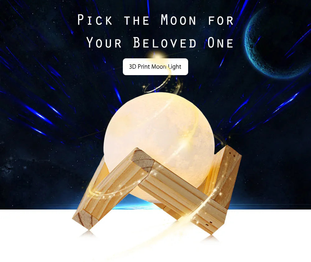 3D printed white moon lamp on a wooden stand, showing detailed lunar surface texture.