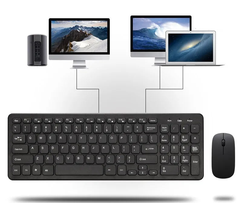 Black wireless keyboard and mouse set with USB receiver on a wooden desk