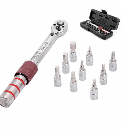 Metric torque wrench set with steel handle, 1/4 inch square drive head, and embossed scale