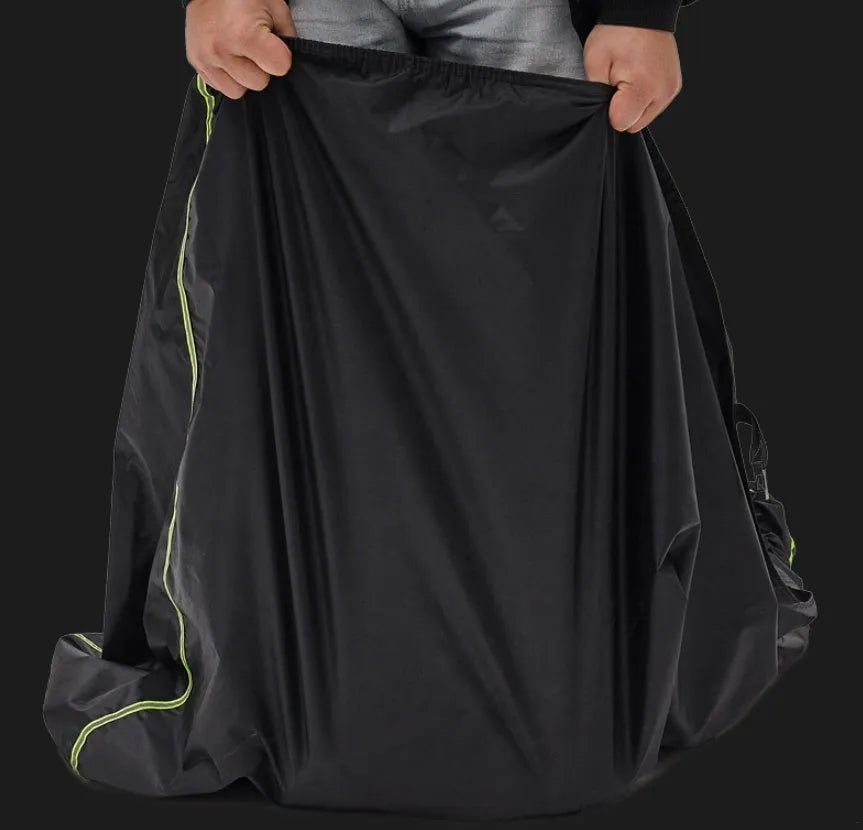 Thick nylon PVC coated motorcycle cover in black green, size L, on a dark background