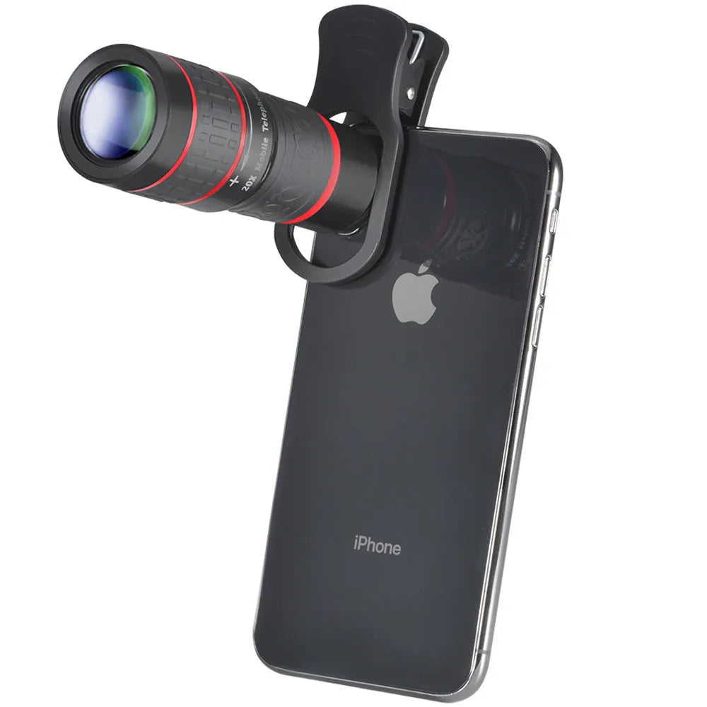 20x magnification smartphone telescope with plastic body, optical glass lens, and universal attachment clip.