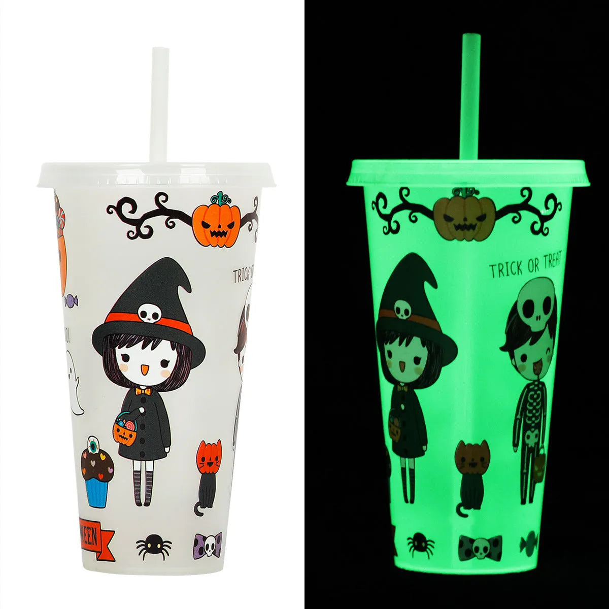 Halloween luminous plastic sippy cup with straw, 720ml capacity, cylindrical shape
