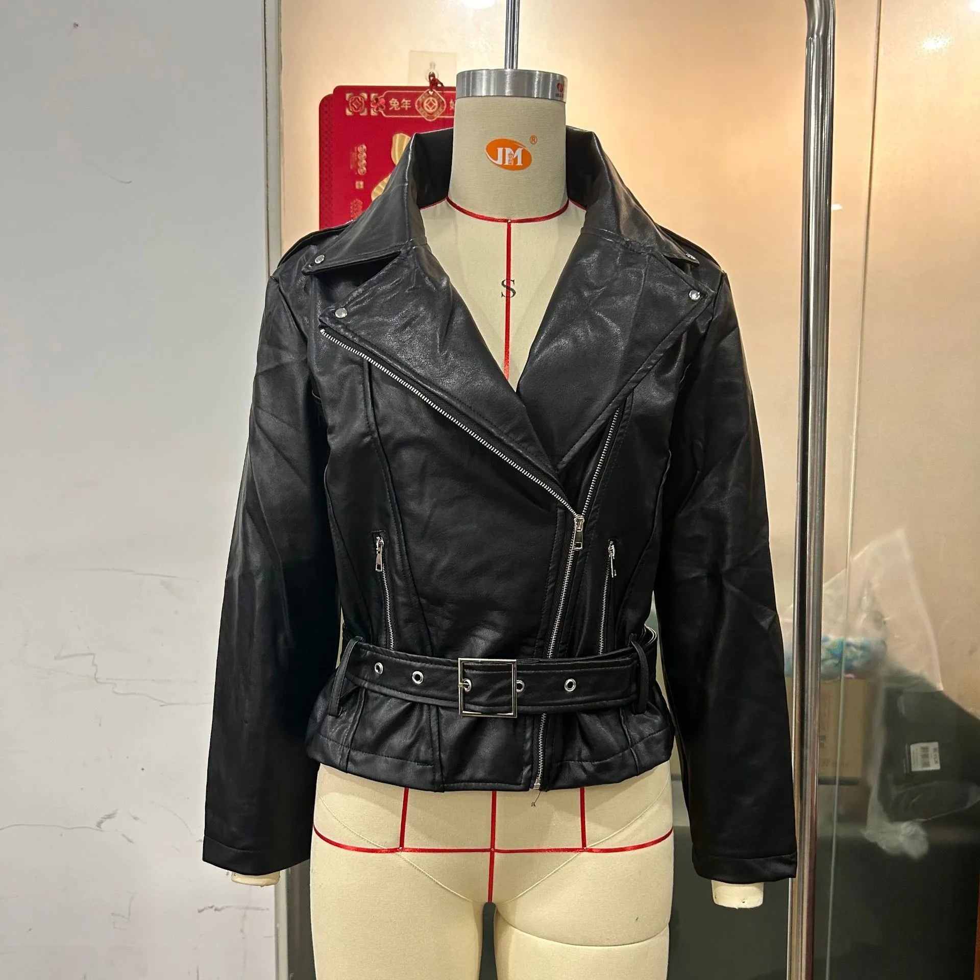 Punk style leather jacket in polyester fabric with locomotive design and Peter Pan collar