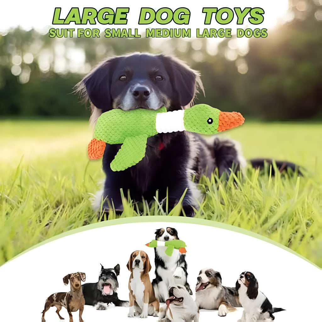 Blue duck-shaped plush dog toy with squeakers measuring 33cm long