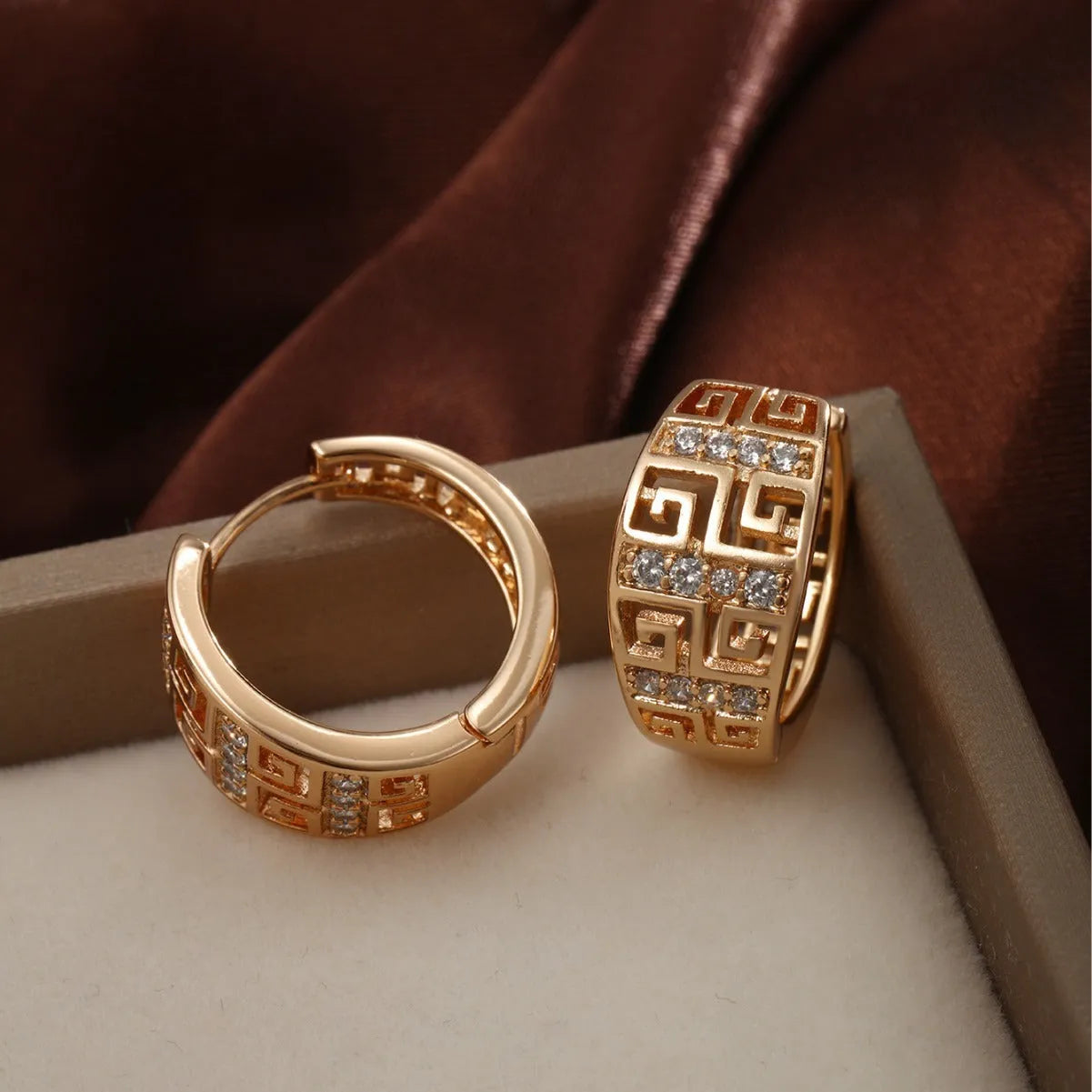 Geometric copper inlaid zircon earrings for women, 18K gold plated, round shape, European American style