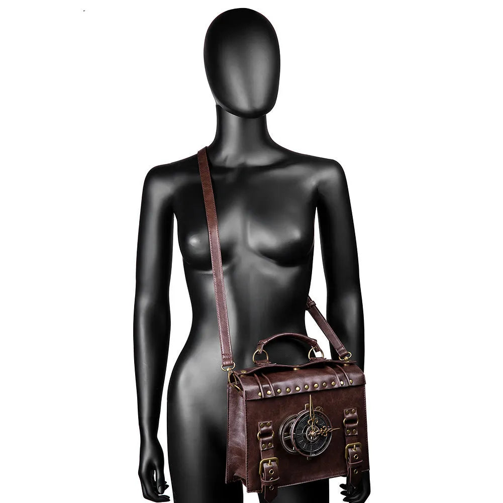 Bronze steampunk industrial retro style shoulder bag with metal hardware and square pillow design
