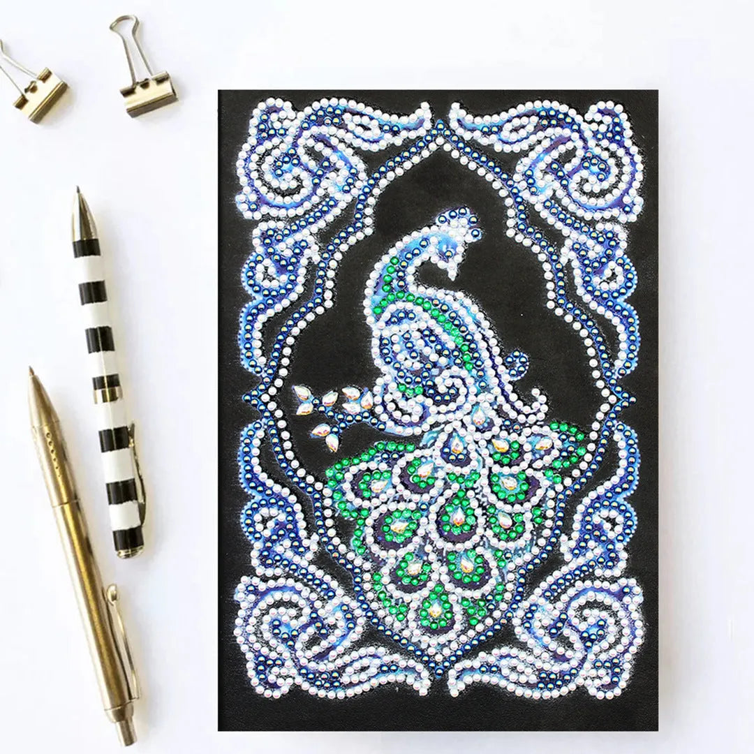 Black A5 diamond painting notebook with peacock design for creative project planning