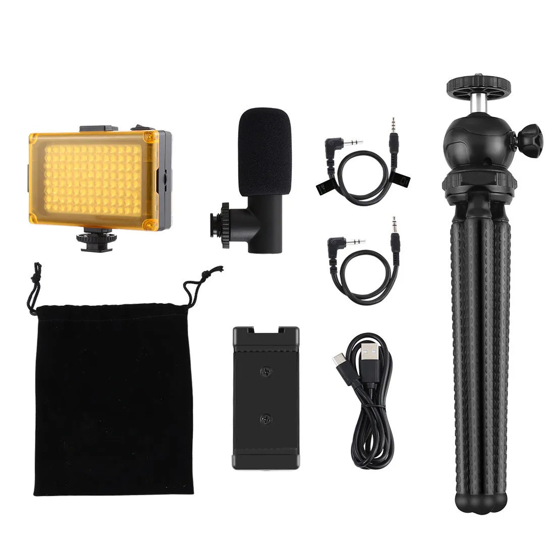 Black octopus tripod broadcast kit with flexible legs, fill light, and microphone for iPhone