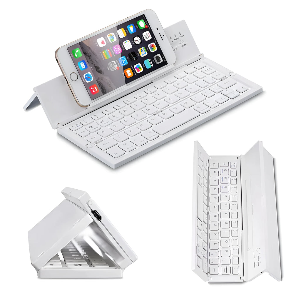 Black folding Bluetooth keyboard for tablets with aluminium bottom cover in open position