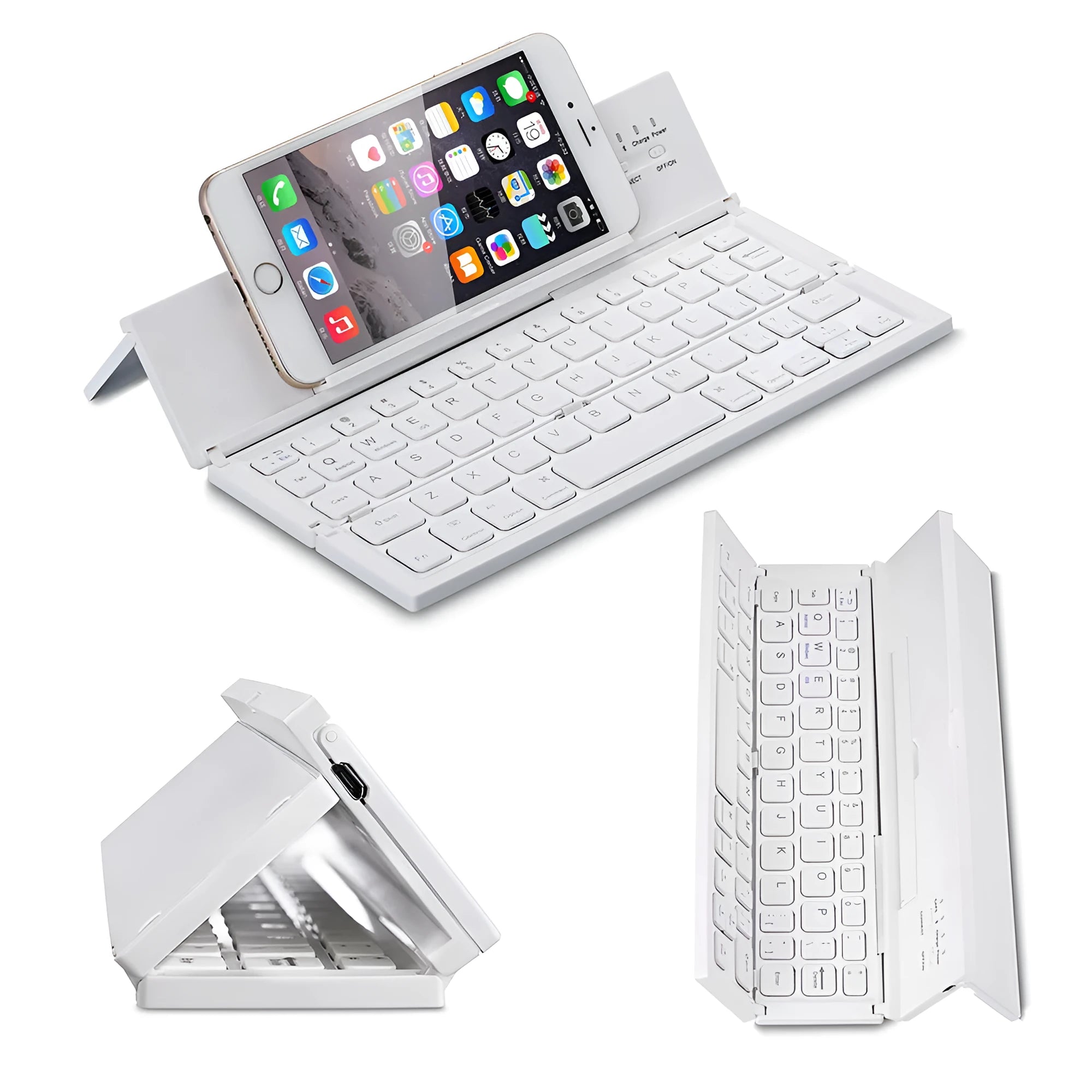 Black folding Bluetooth keyboard for tablets with aluminium bottom cover in open position