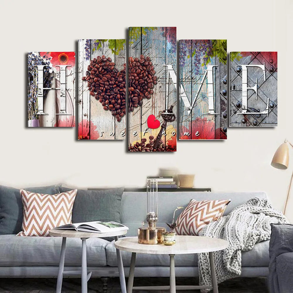 Red oil painting canvases spelling 'Home Sweet Home', unframed, shown in a set of five.