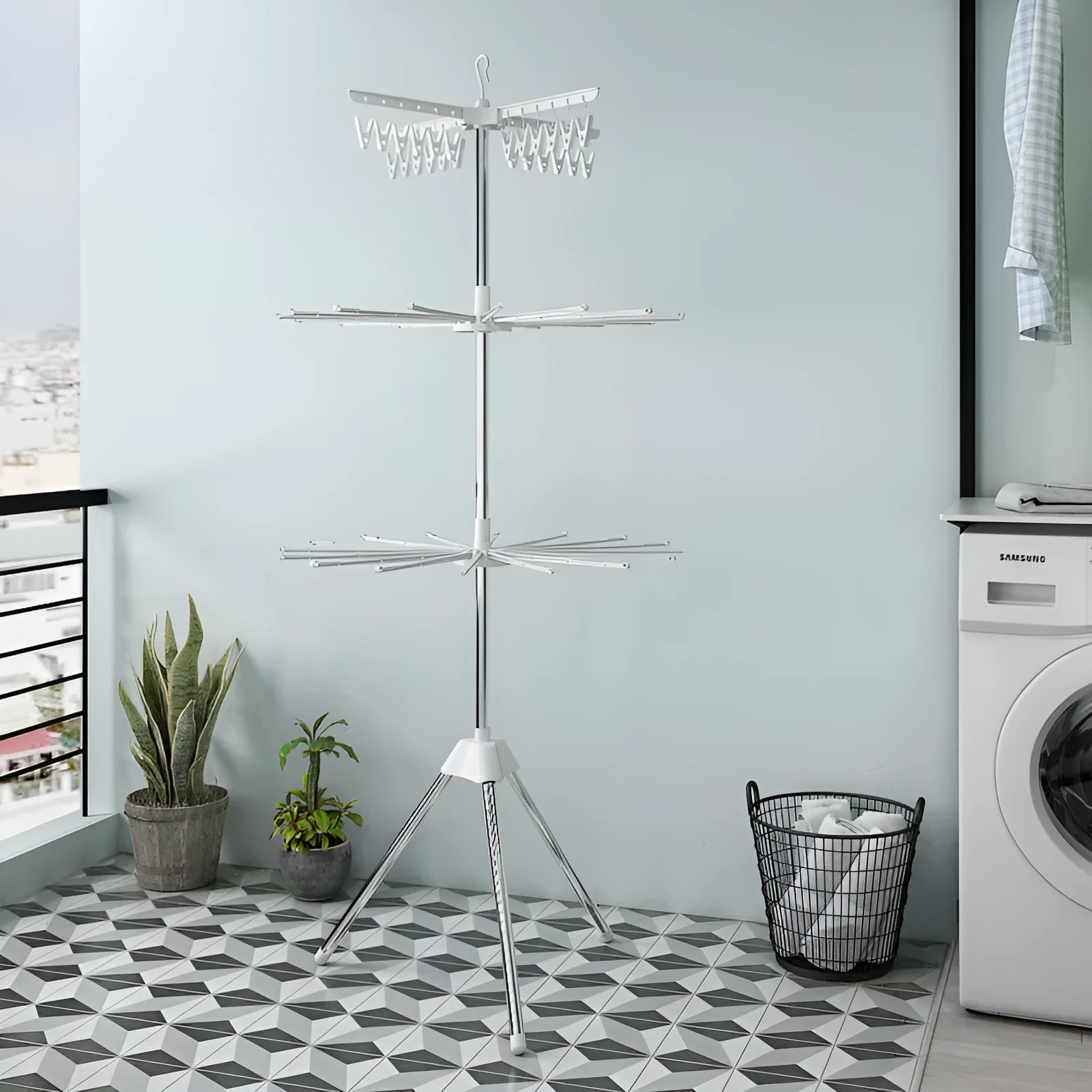 Three-layer stainless steel mobile drying rack with plastic clips for socks, ties and clothes hangers