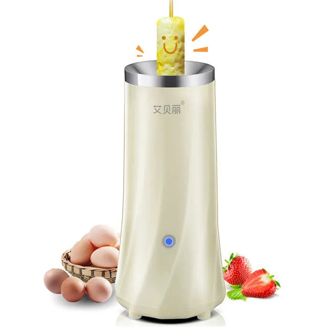 Beige white and green coloured multifunctional mini breakfast machine on a kitchen countertop.