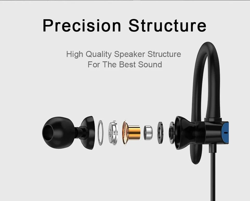 Black and blue sport earphones with over-ear hooks and silicone earbuds, showing the in-line microphone.