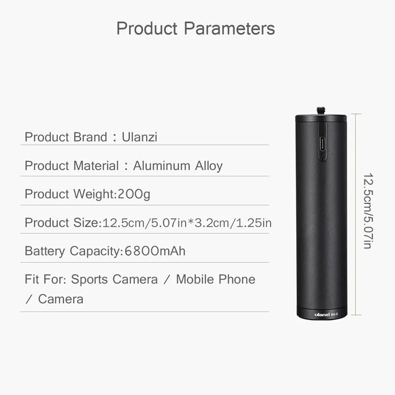 Black aluminium alloy portable power bank with a 6800mAh battery capacity, shown with dimensions.